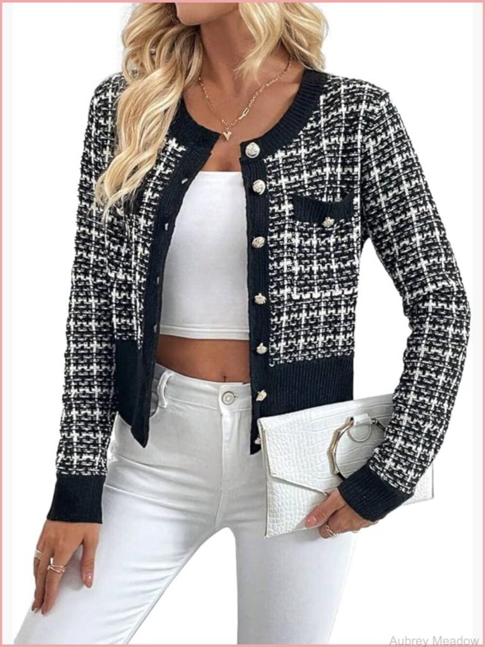 Plaid Cardigan Blazer Button Front Long Sleeve Knit Jacket Women's